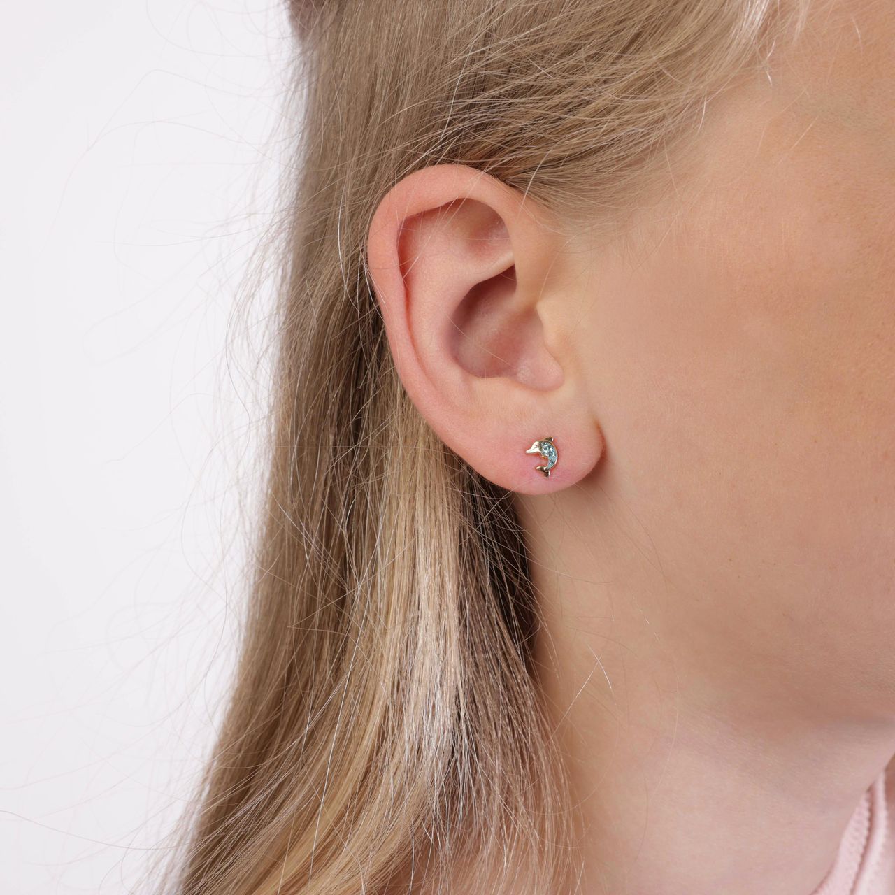 Ohrringe, 585 Gelbgold, Delfin, Kristall in Blau