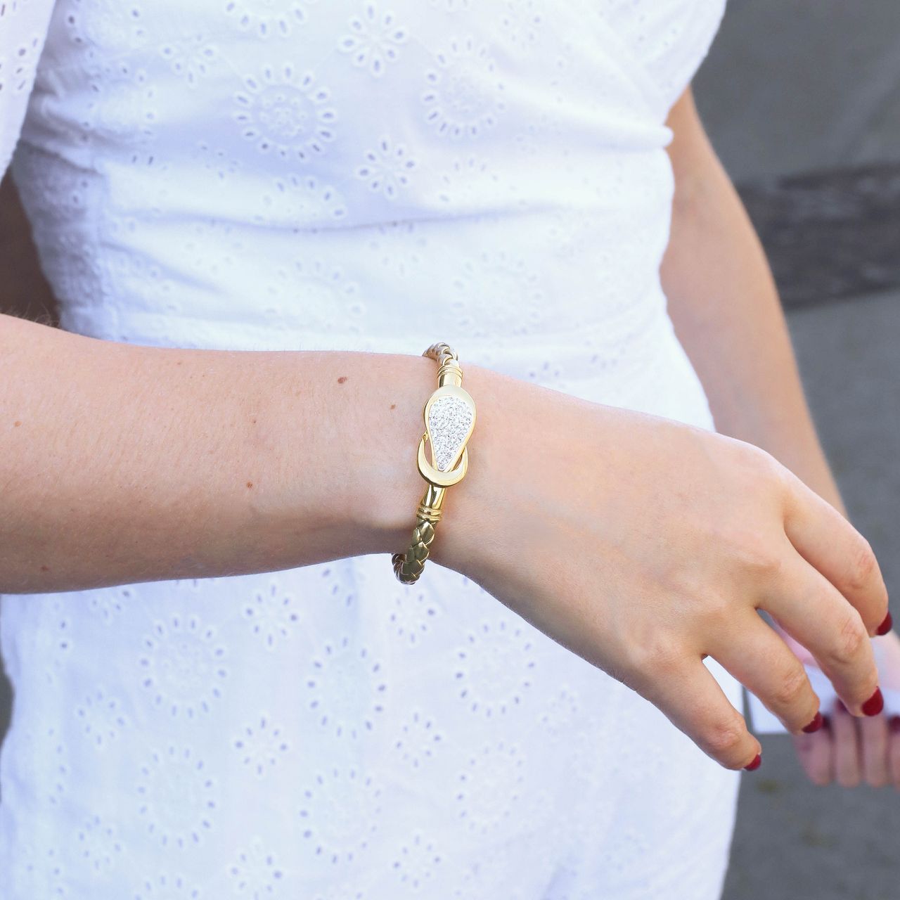 Gerecycleerd stainless steel armband leer goud/goldplated met kristal