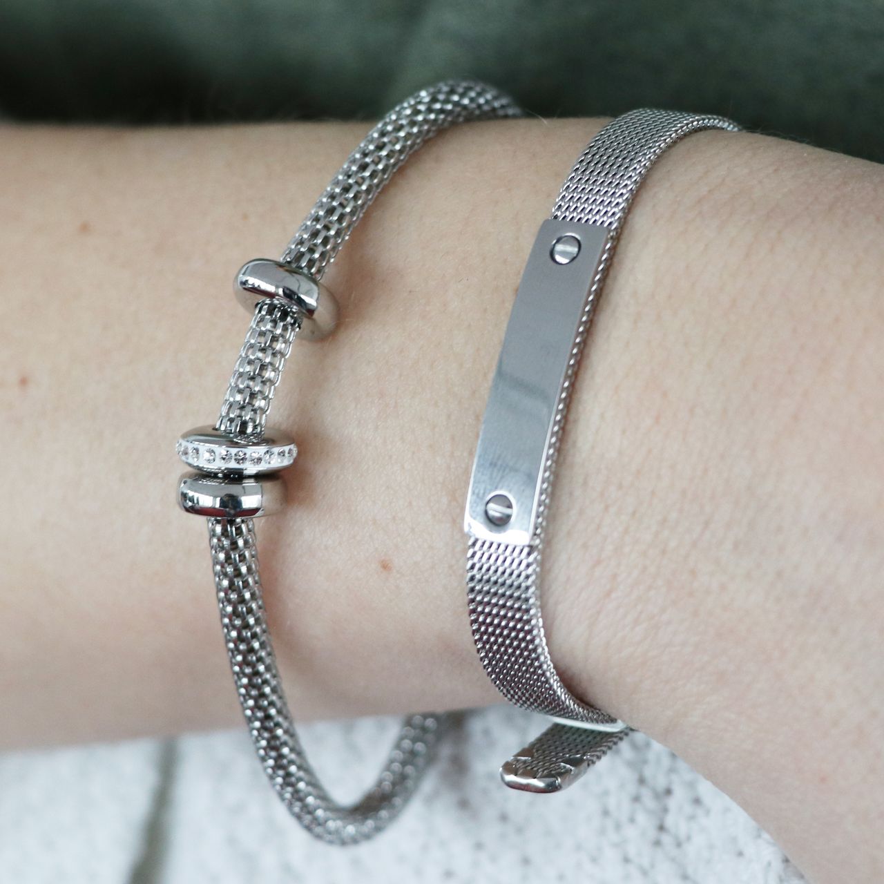 Gerecycleerd stalen armband mesh met kristal