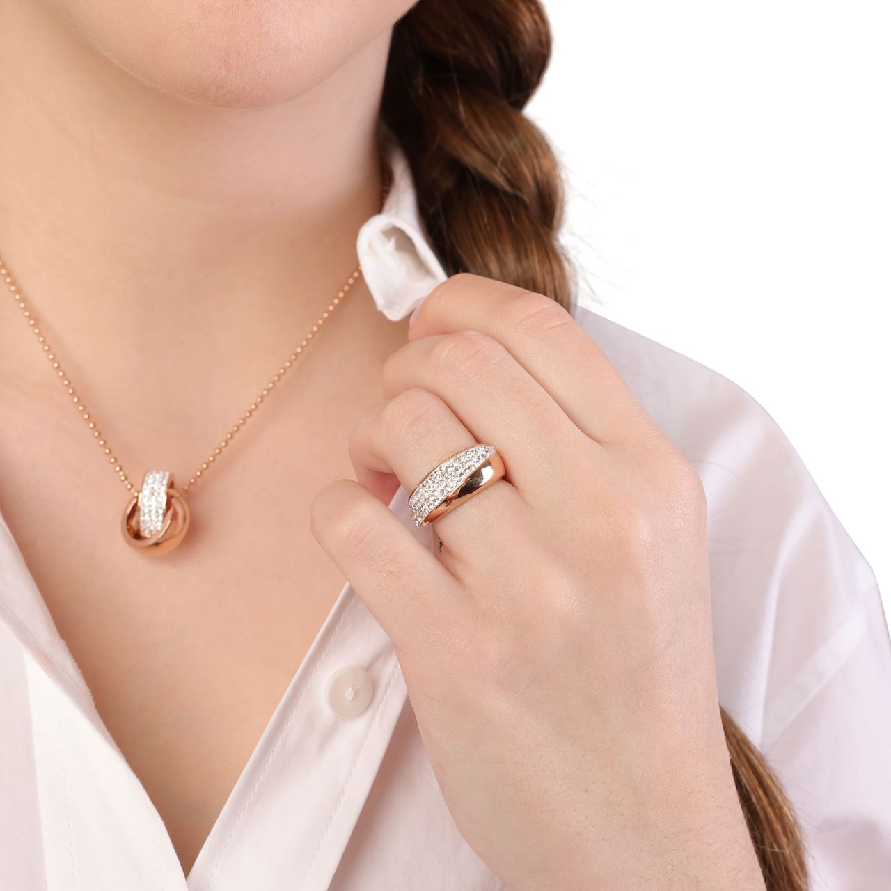 Gerecycleerd stainless steel ring roseplated wit kristal
