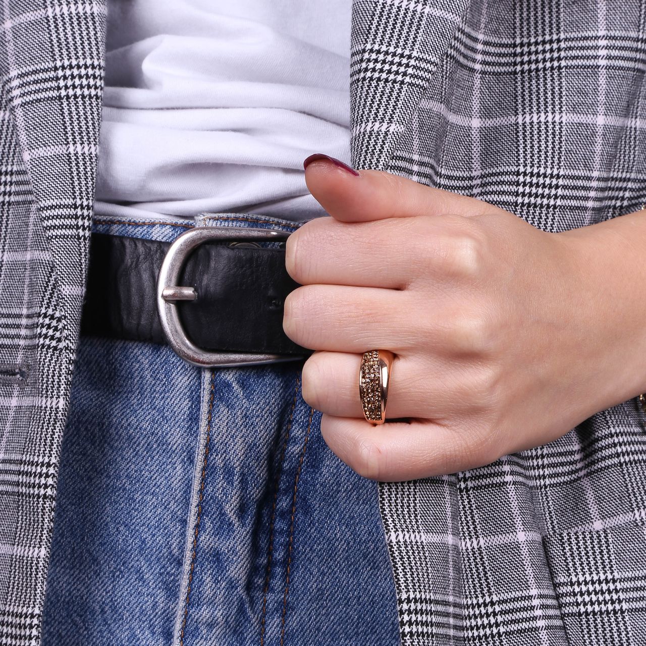 Gerecycleerd stalen ring roseplated smoked topaz kristal