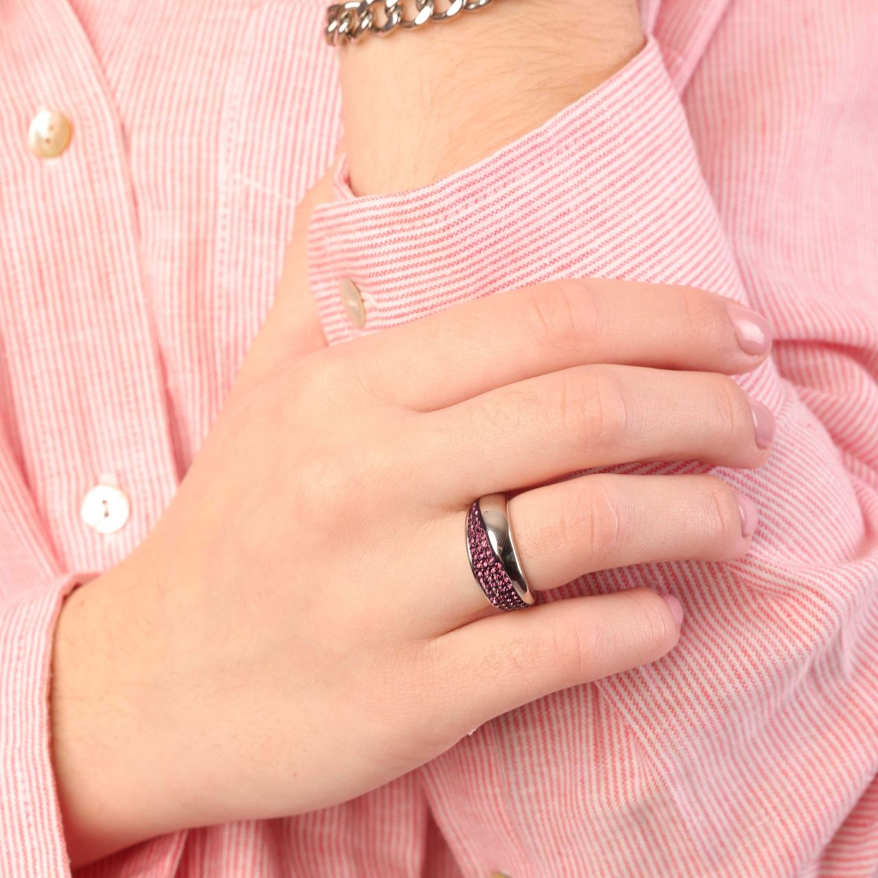 Gerecycleerd stainless steel ring amethyst kristal
