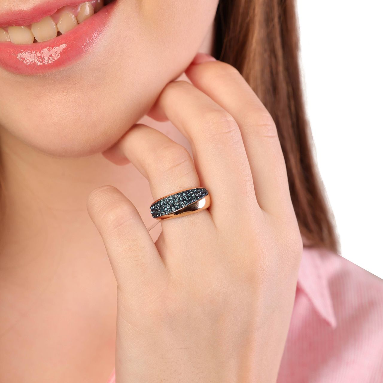 Stainless steel roséplated ring met kristal voor dames