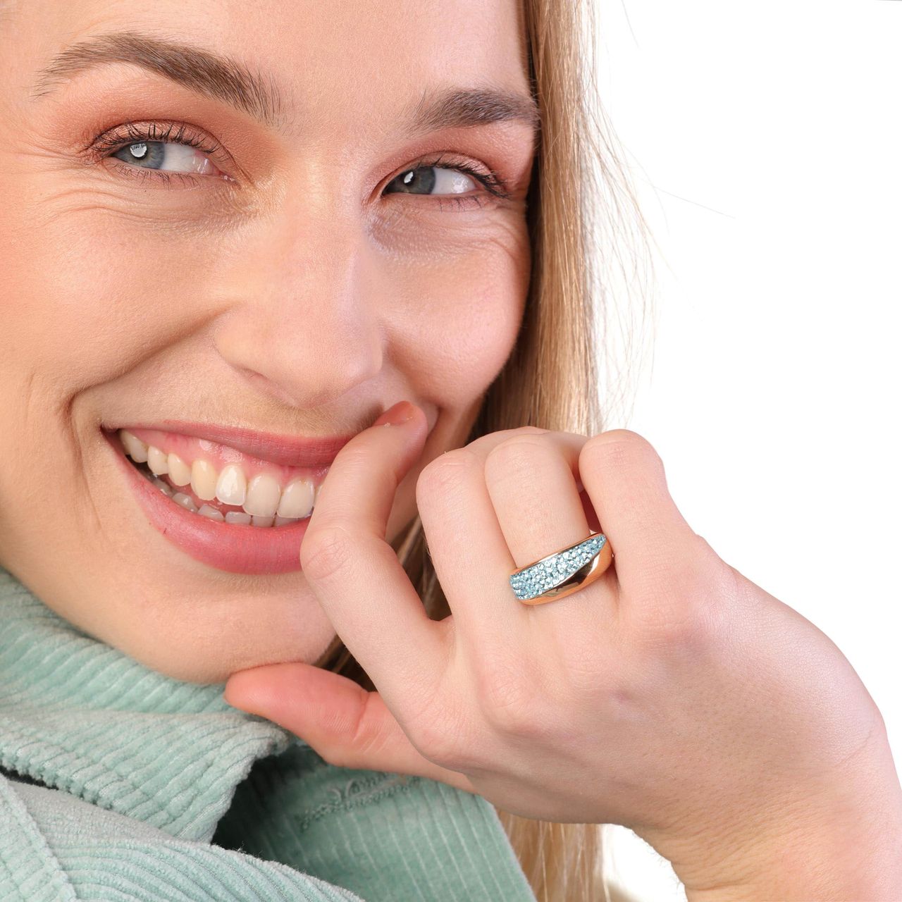 Gerecycleerd stalen ring roseplated aqua kristal