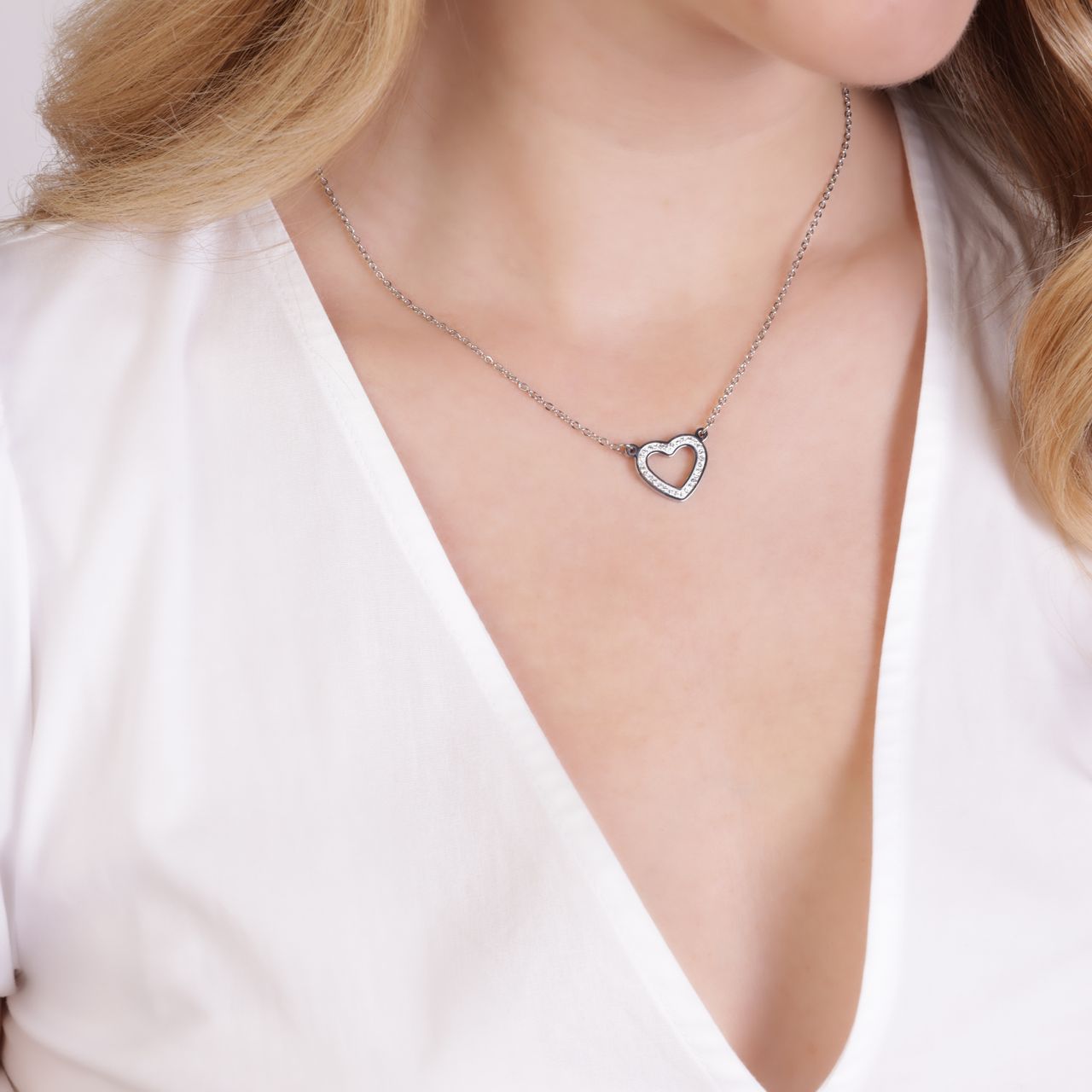 Gerecycled stainless steel ketting open hart met met kristal
