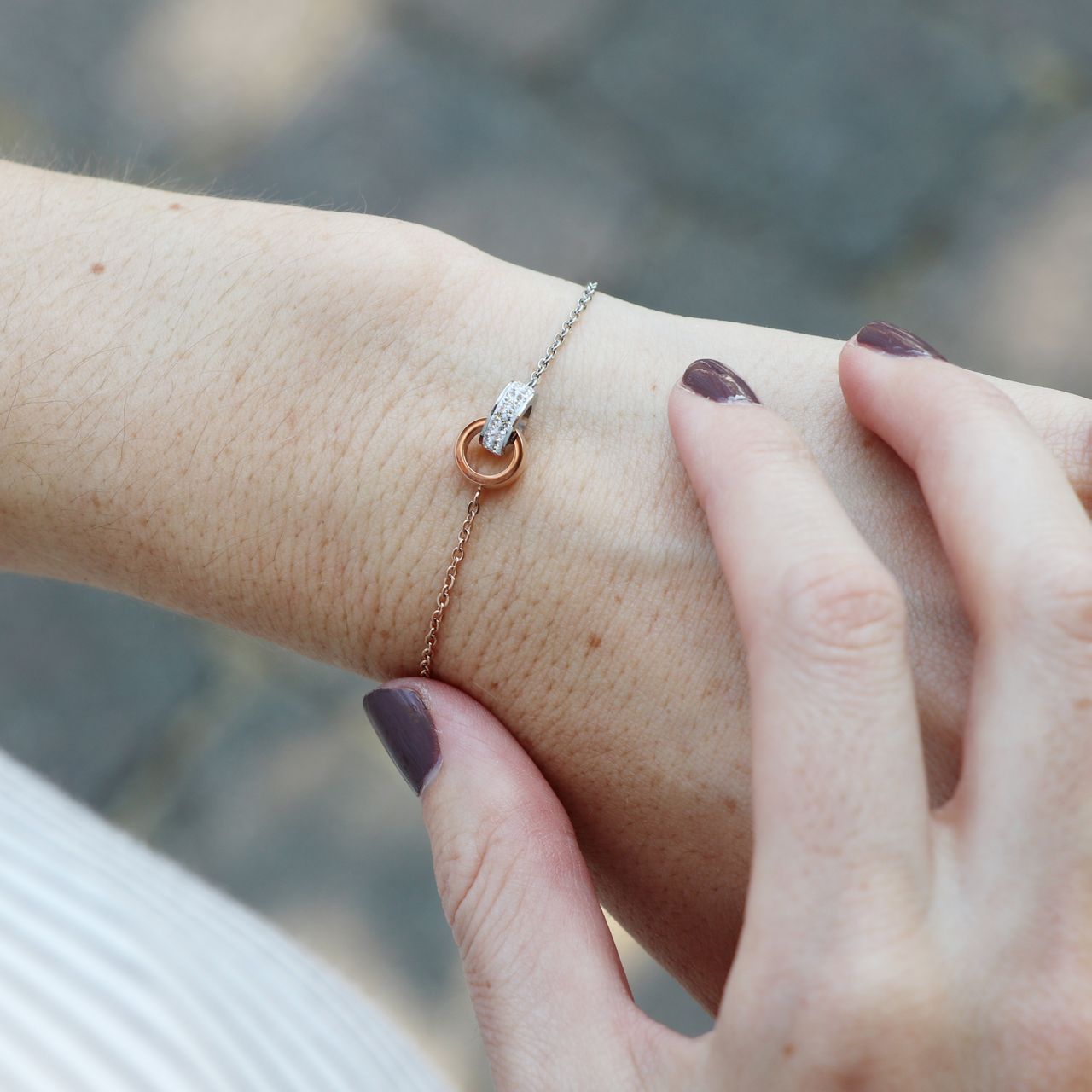 Gerecycled stalen armband staal/rose ringen met kristal