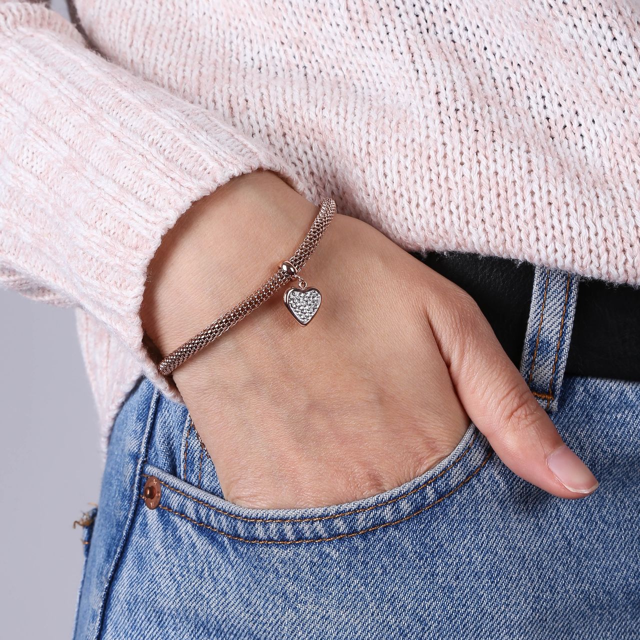 Gerecycleerd stainless steel armband mesh roseplated hart met kristal