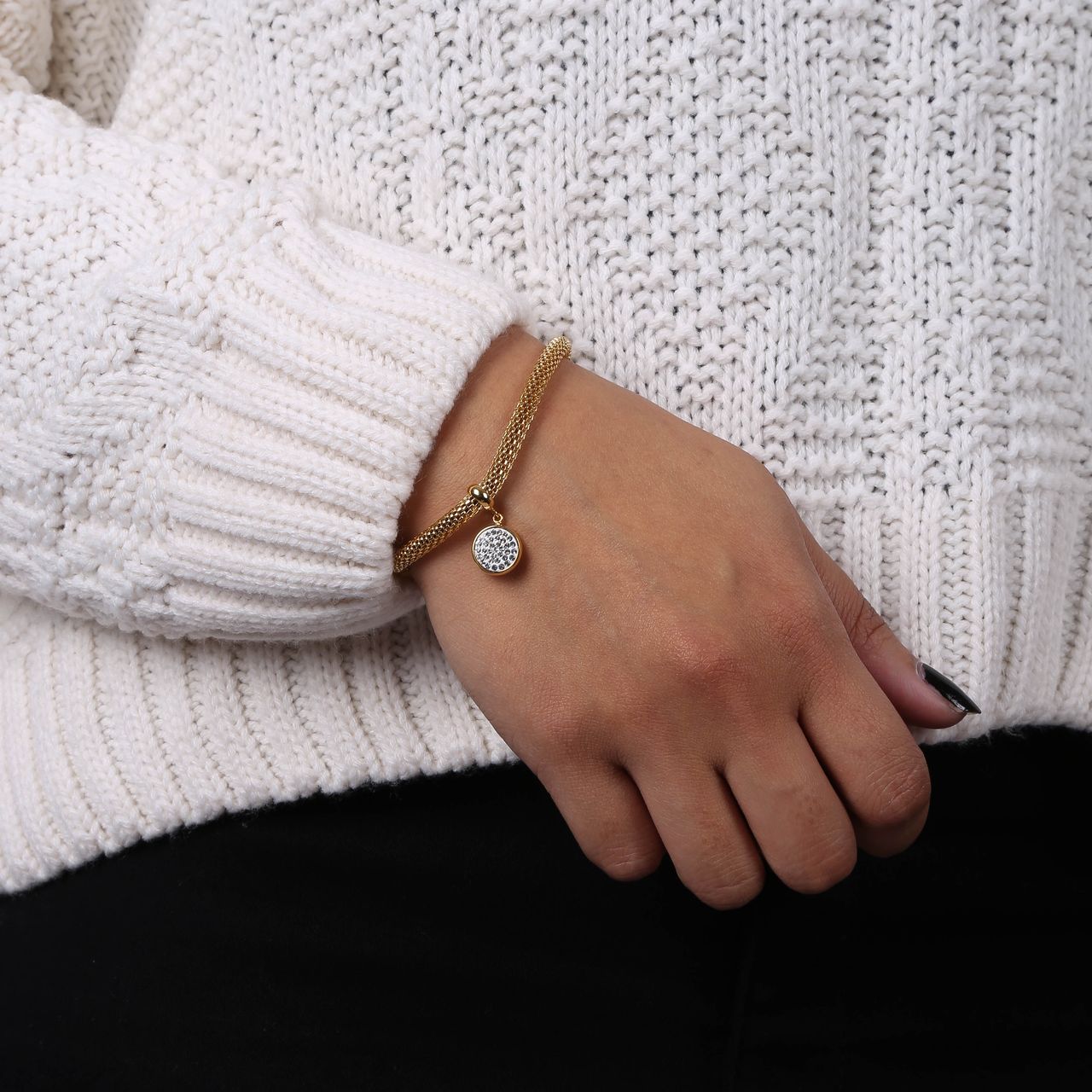 Gerecycleerd stainless steel armband mesh goldplated met kristal