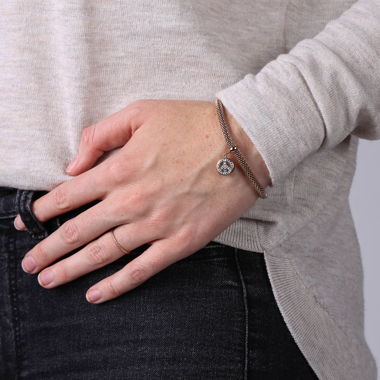 Gerecycleerd stainless steel armband mesh roseplated peace met kristal