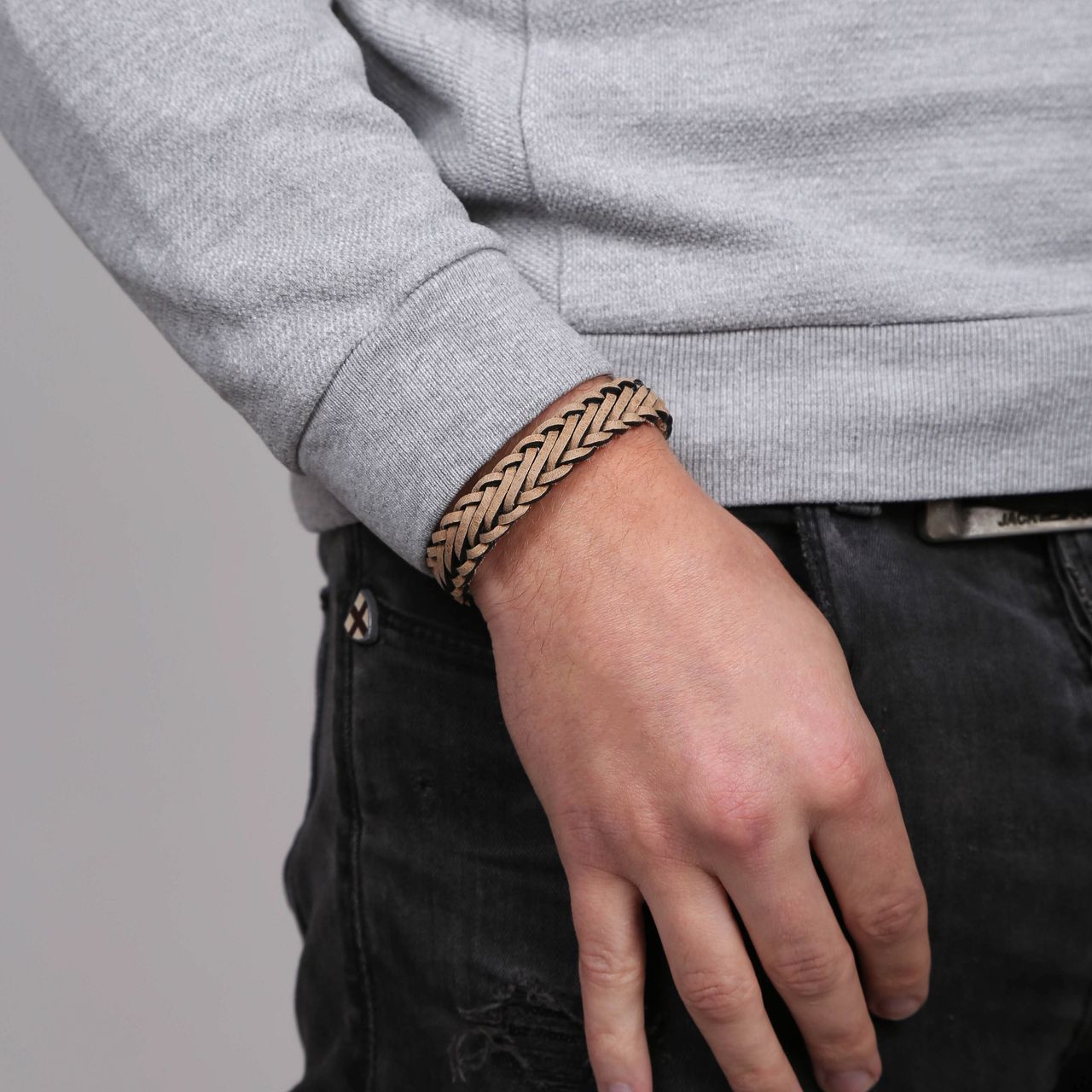 Stainless steel herenarmband gevlochten leer beige