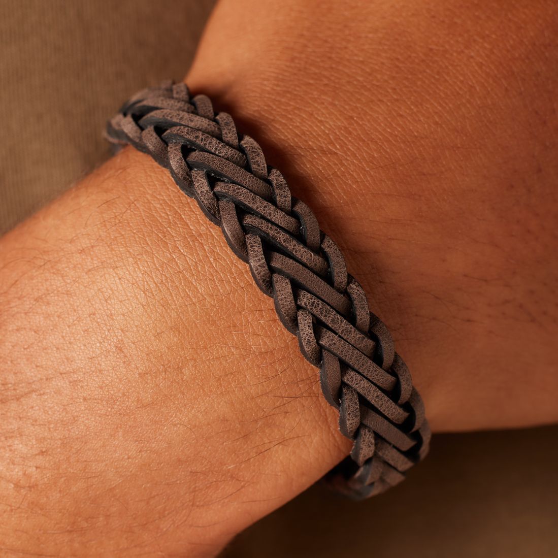 Stainless steel herenarmband gevlochten leer bruin/grijs