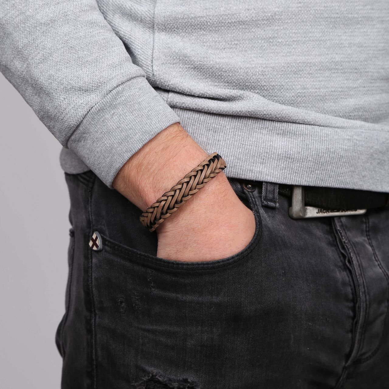 Stainless steel herenarmband gevlochten leer taupe