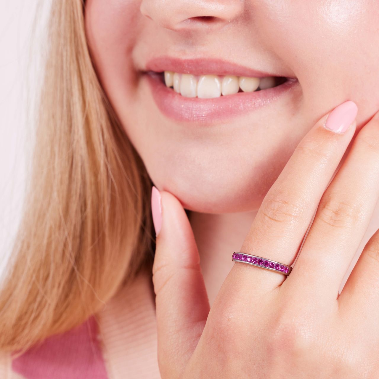 Gerecycleerd stainless steel kinderring fuchsia kristal