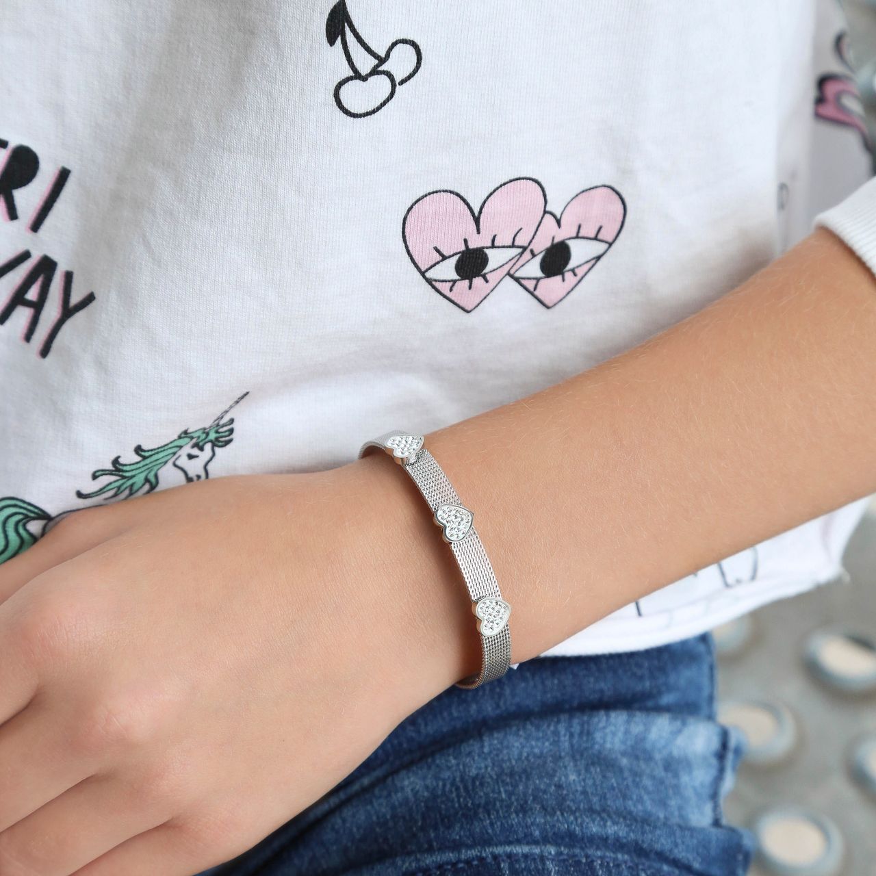 Gerecycleerd stainless steel kinderarmband hart met wit kristal