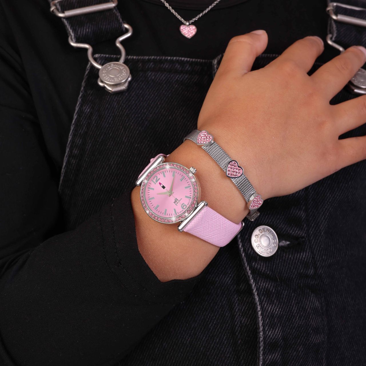 Gerecycleerd stainless steel kinderarmband hart met light pink kristal