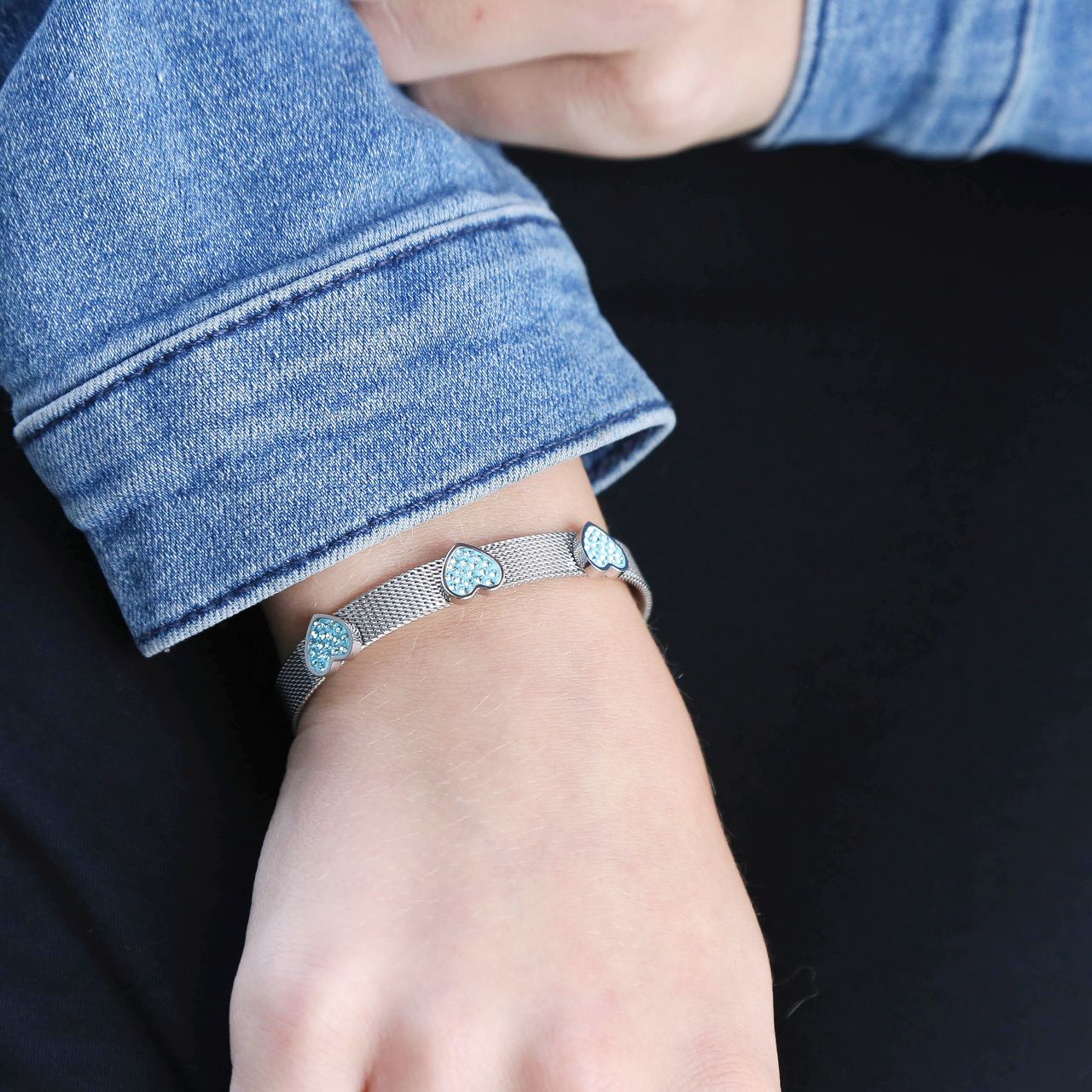 Gerecycleerd stalen kinderarmband hart aqua bohemica kristal