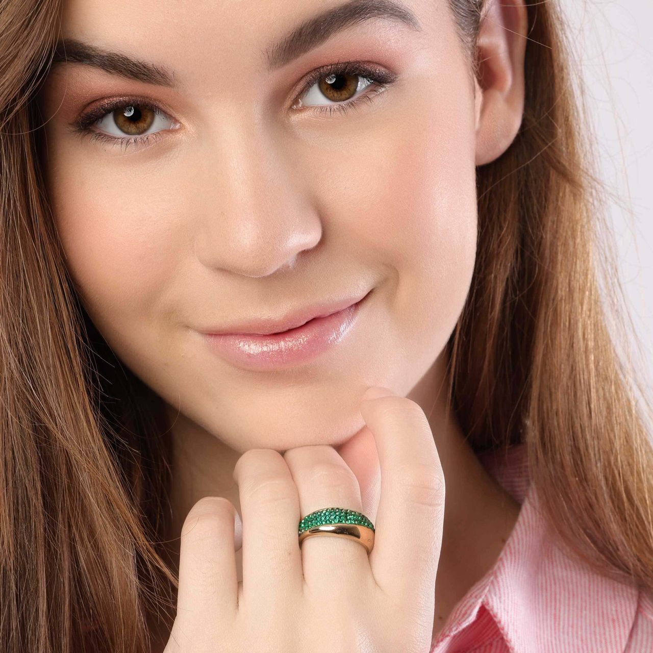 Gerecycleerd stainless steel ring roseplated emerald kristal