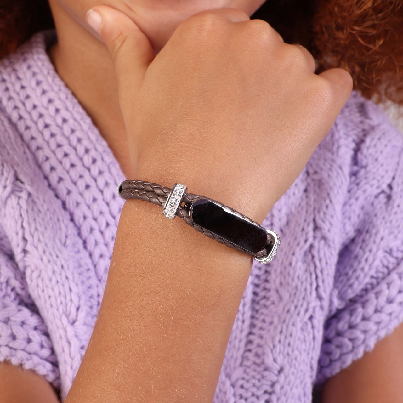 Gerecycleerd stainless steel kinderplaatarmband leer cacao met kristal