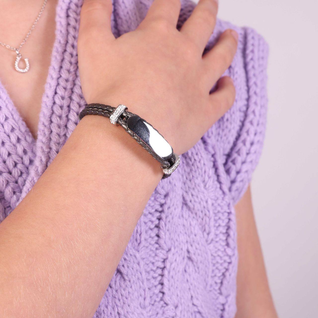 Gerecycleerd stainless steel kinderplaatarmband leer grijs met kristal