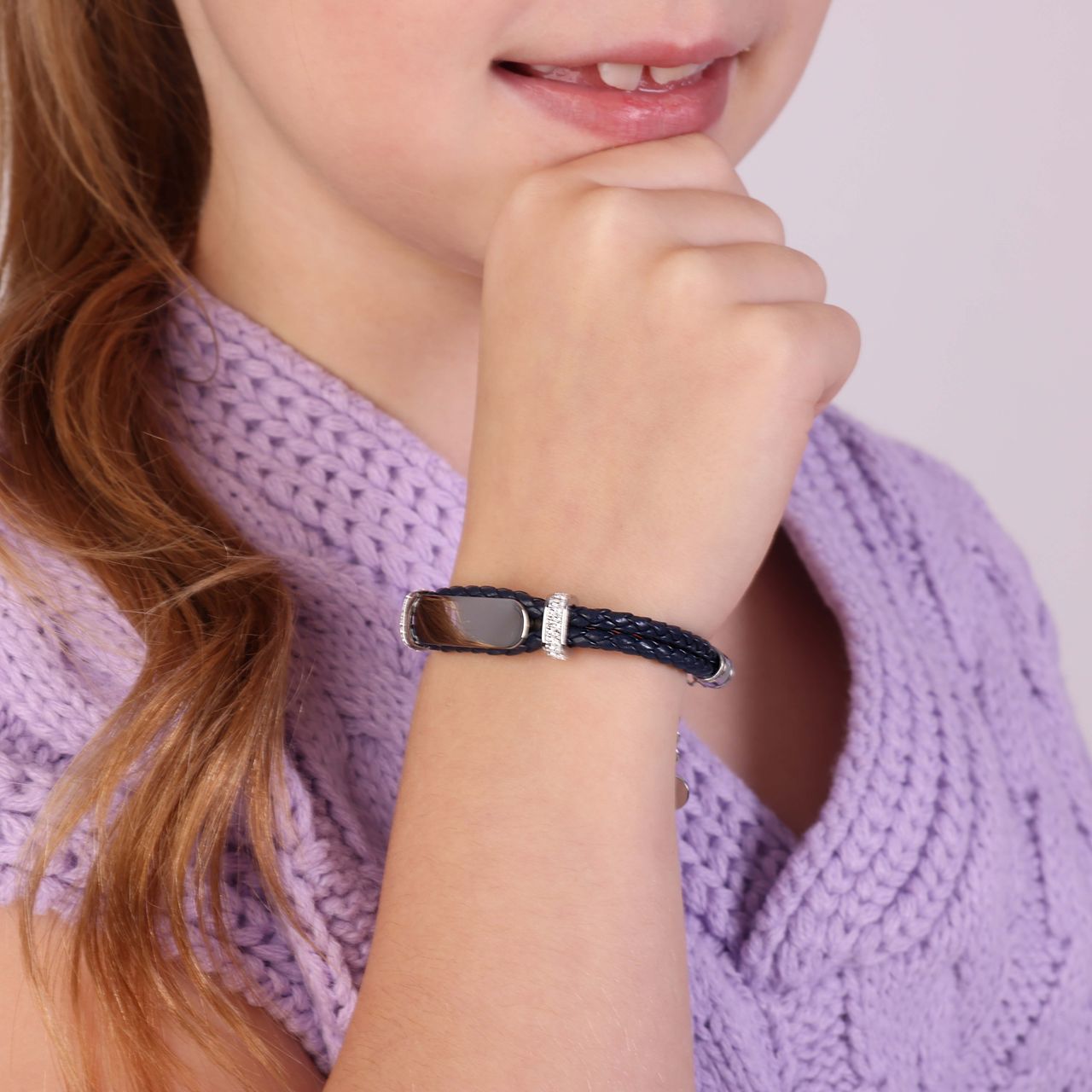 Gerecycleerd stainless steel kinderplaatarmband leer dark blue kristal