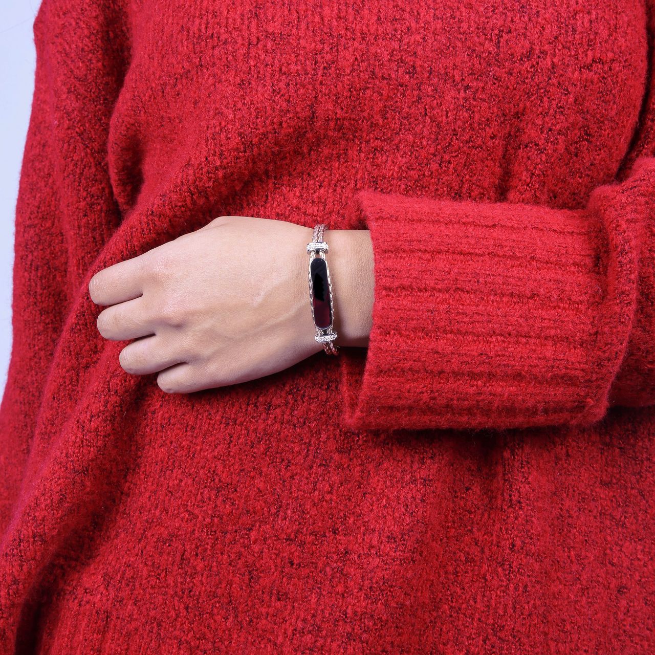 Gerecycleerd stainless steel plaatarmband leer rose met kristal