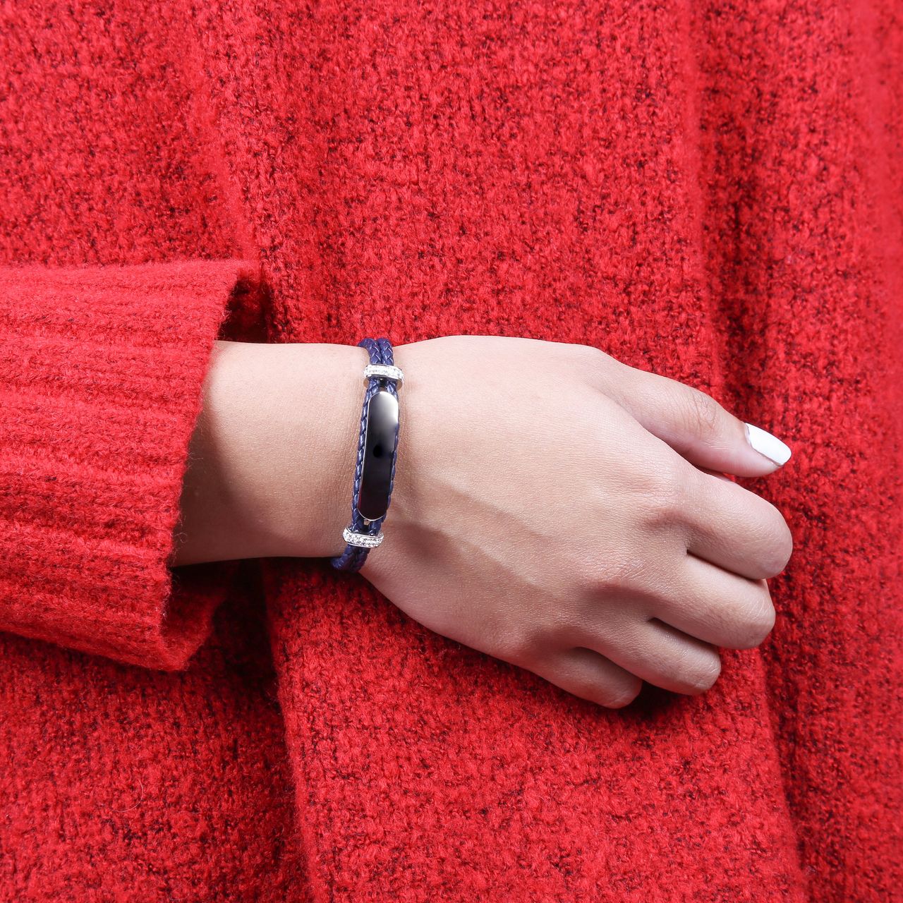 Gerecycleerd stainless steel plaatarmband leer dark blue met kristal