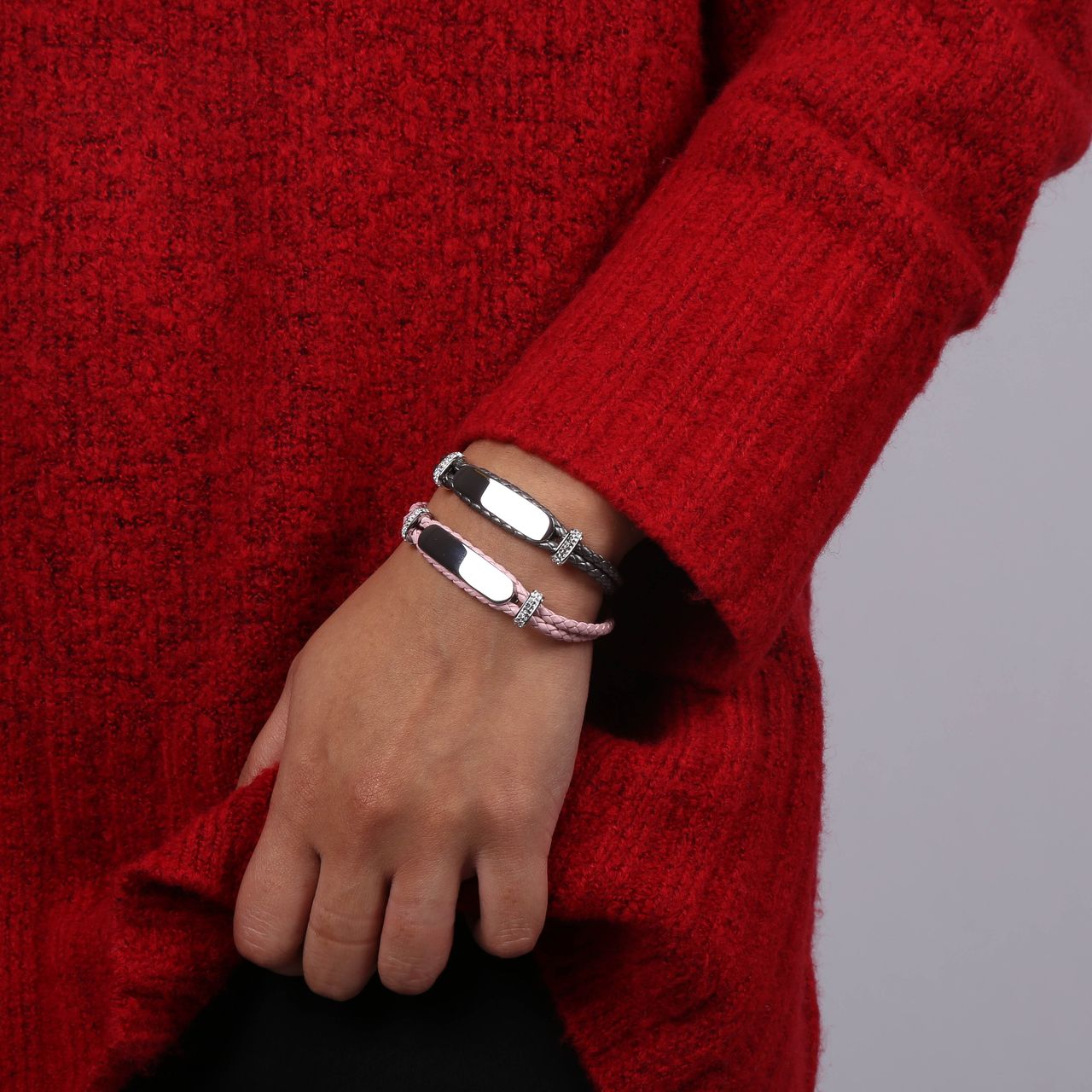 Gerecycled stalen plaatarmband leer licht roze met kristal