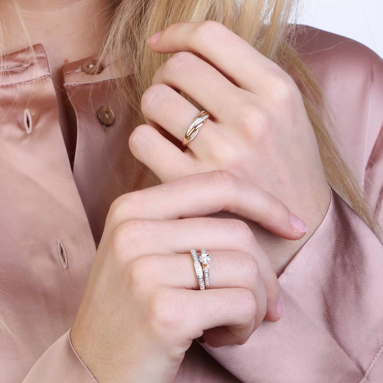 14K geelgouden dubbele ring 20 diamanten 0,10ct
