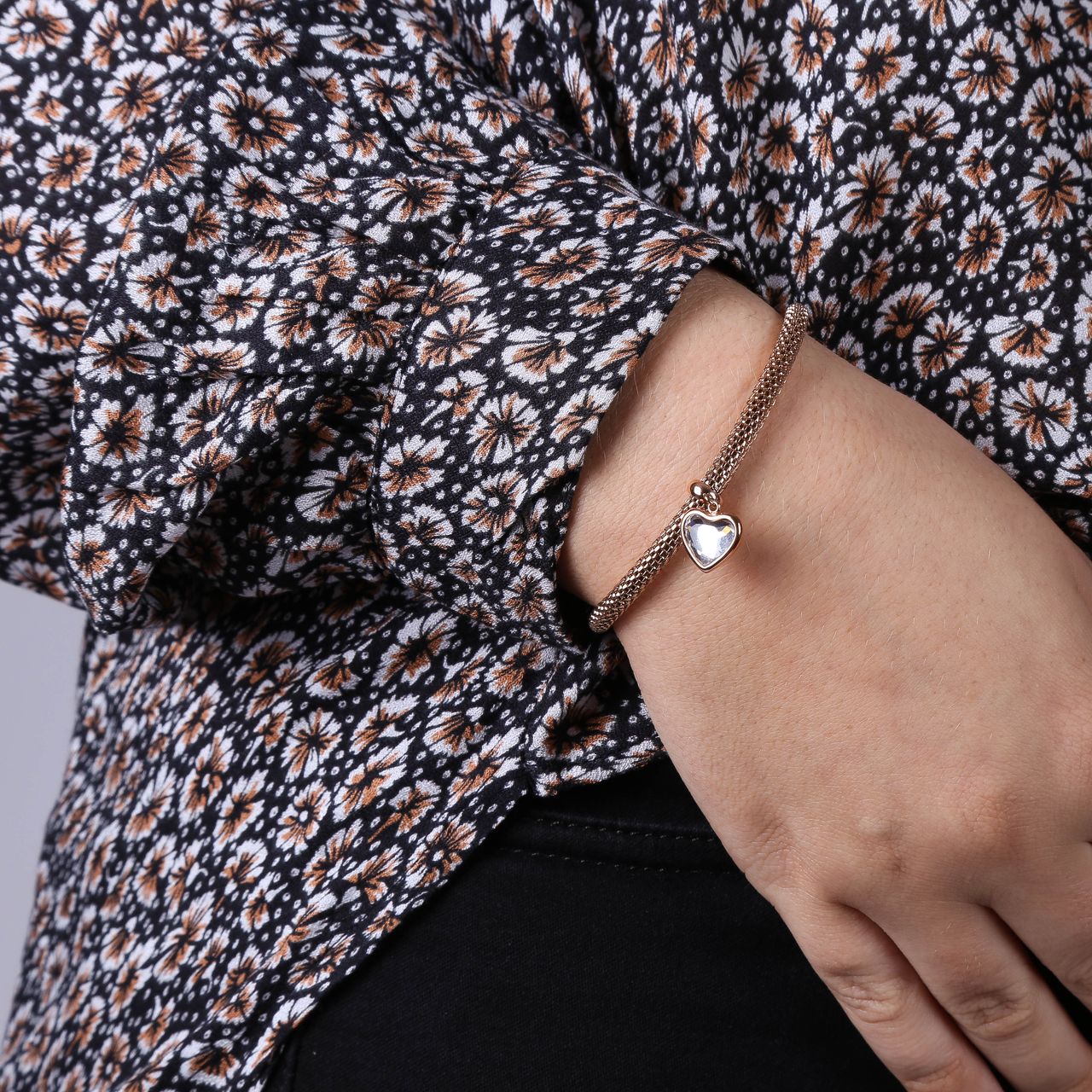 Gerecycled stalen armband mesh roseplated hart met kristal