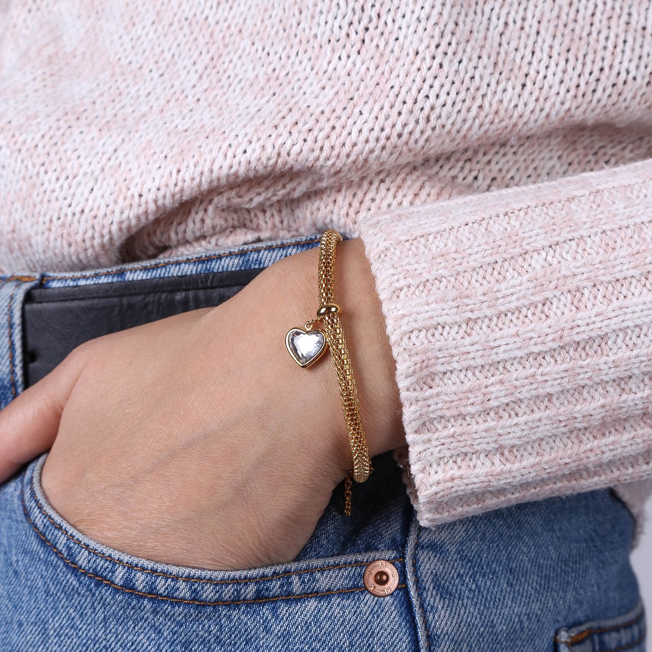 Gerecycleerd stainless steel armband mesh goldplated hart met kristal