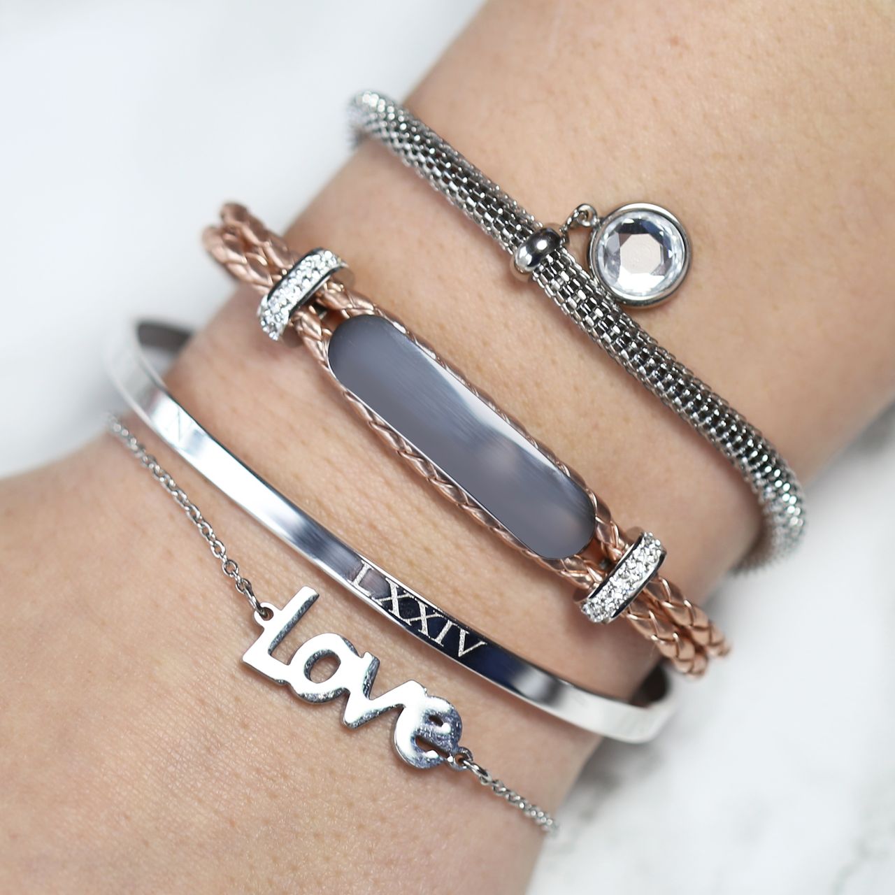 Gerecycleerd stalen armband mesh met kristal