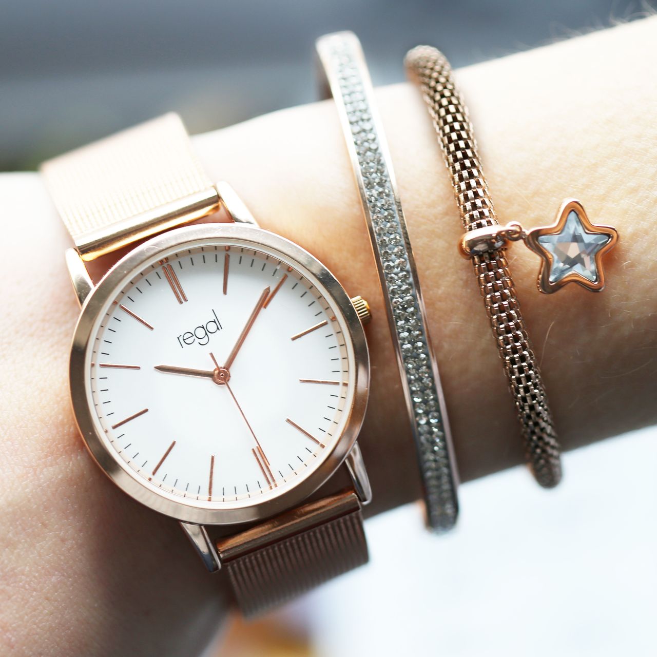 Gerecycleerd stainless steel armband mesh roseplated ster met kristal
