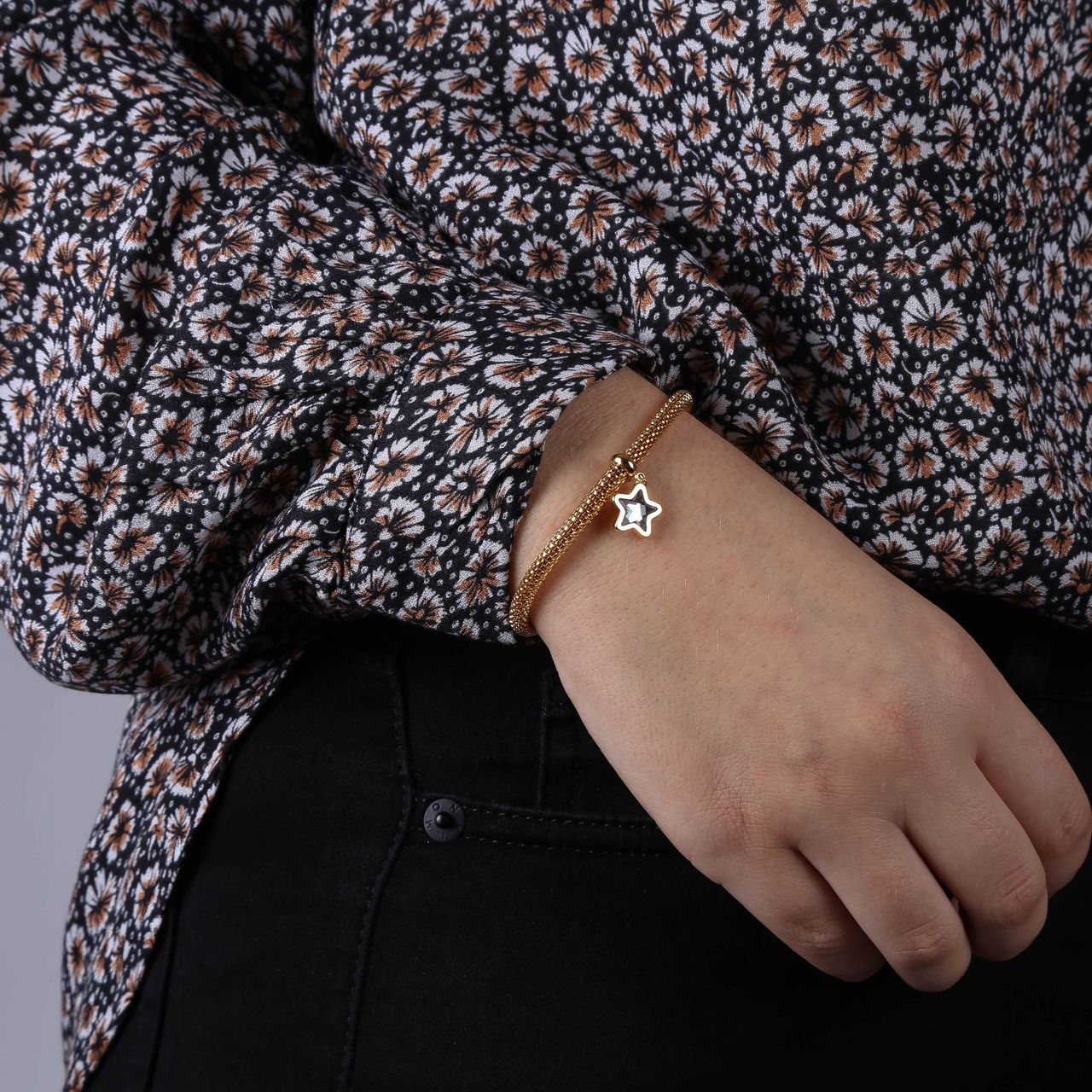 Gerecycleerd stainless steel armband mesh goldplated ster met kristal