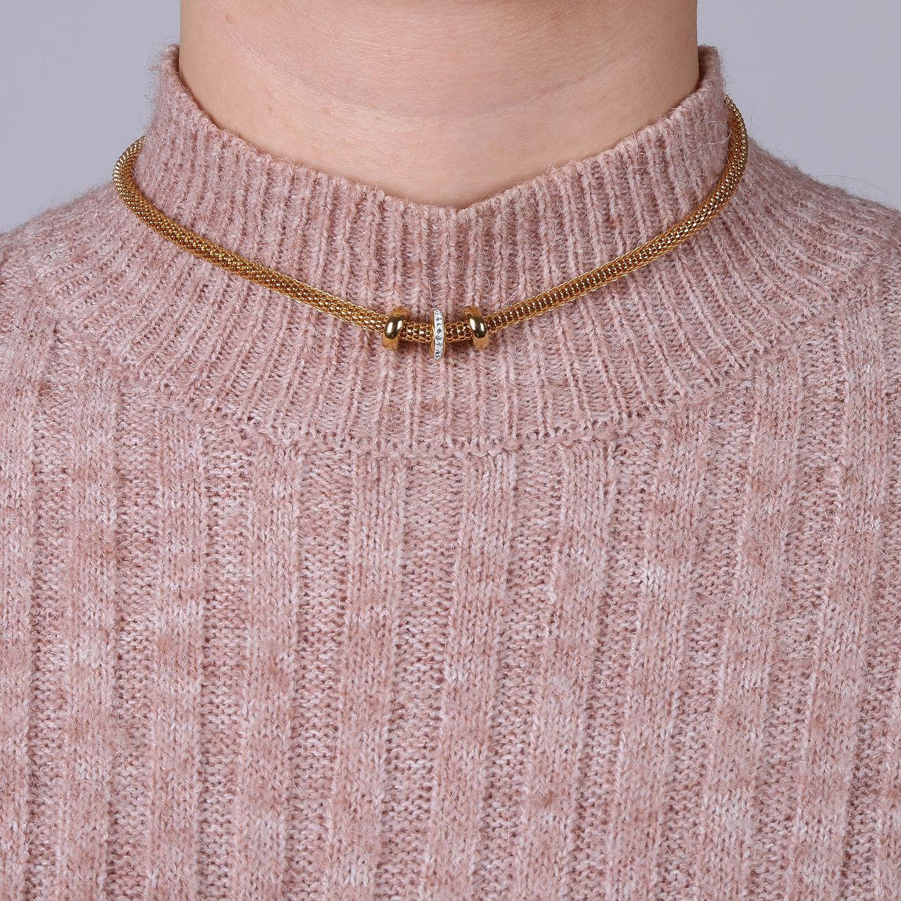Gerecycleerd stainless steel ketting mesh goldplated met kristal