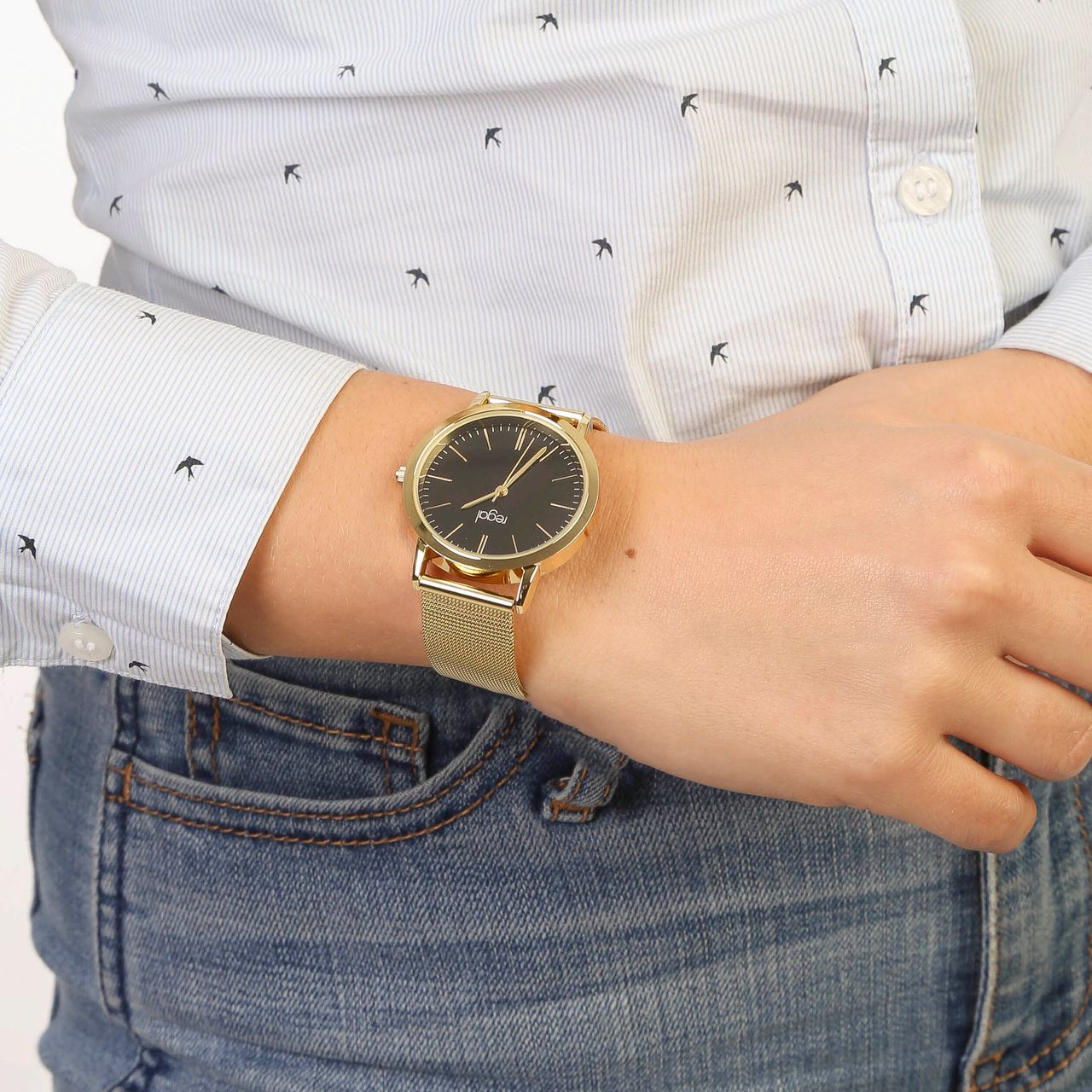Regal mesh horloge met goudkleurige band