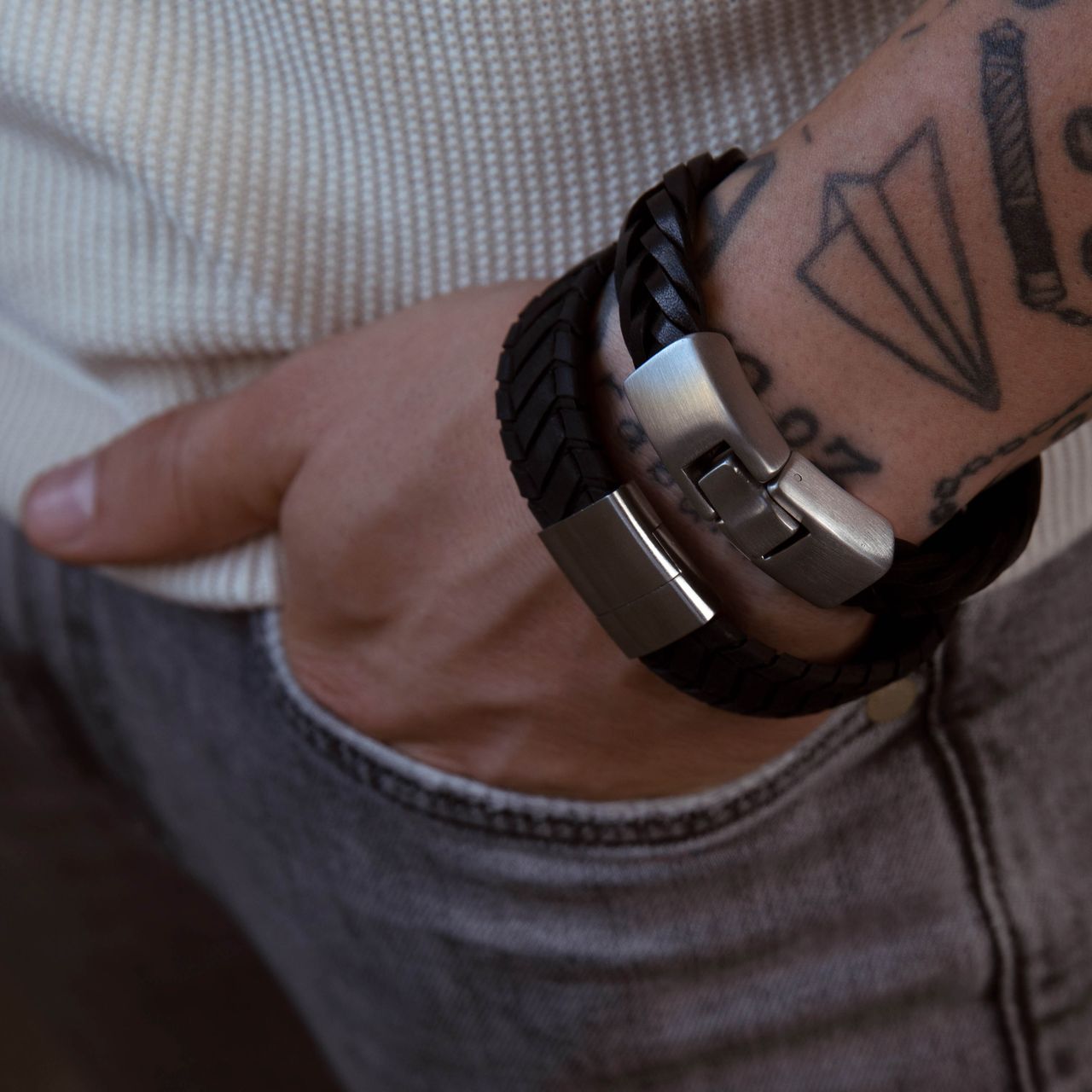 Herrenarmband, Edelstahl, geflochtenes Leder, schwarz