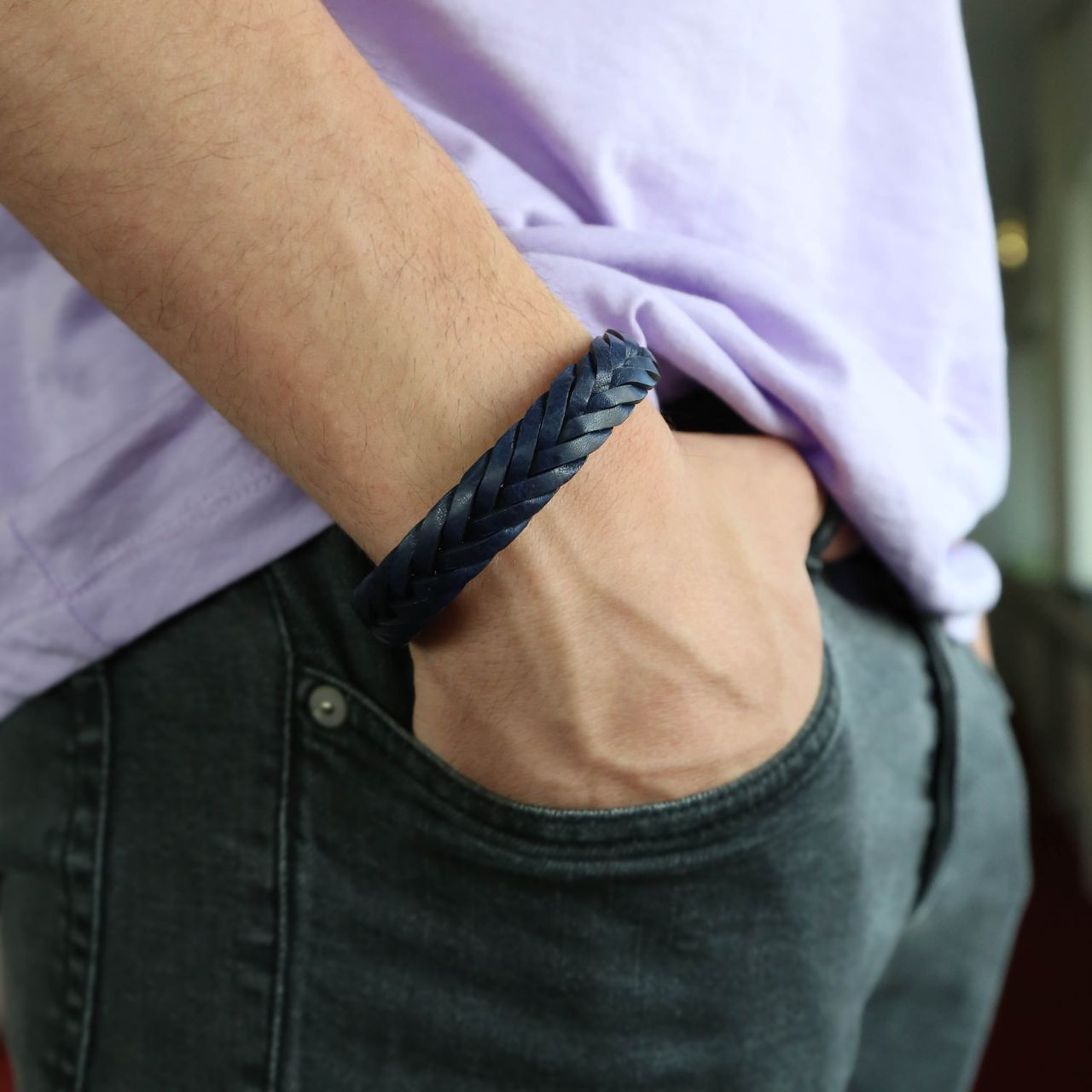 Edelstahl-Herrenarmband mit geflochtenem Leder in Blau