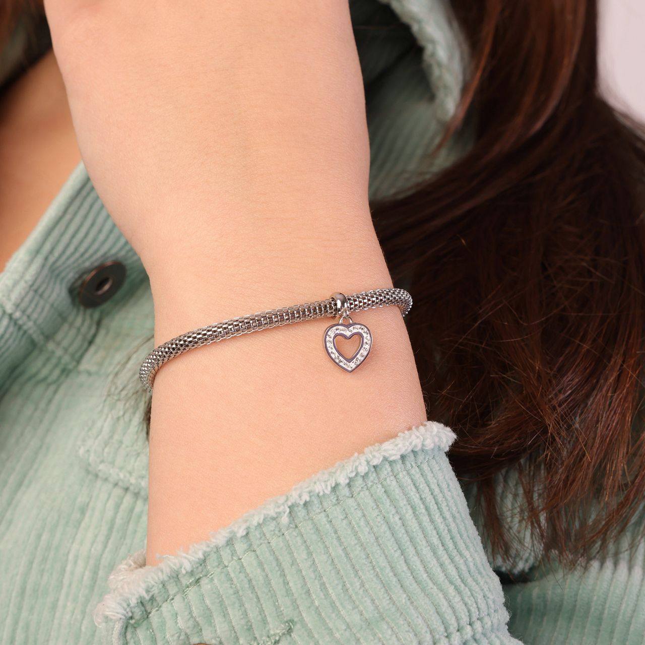 Gerecycleerd stalen armband mesh met hart kristal