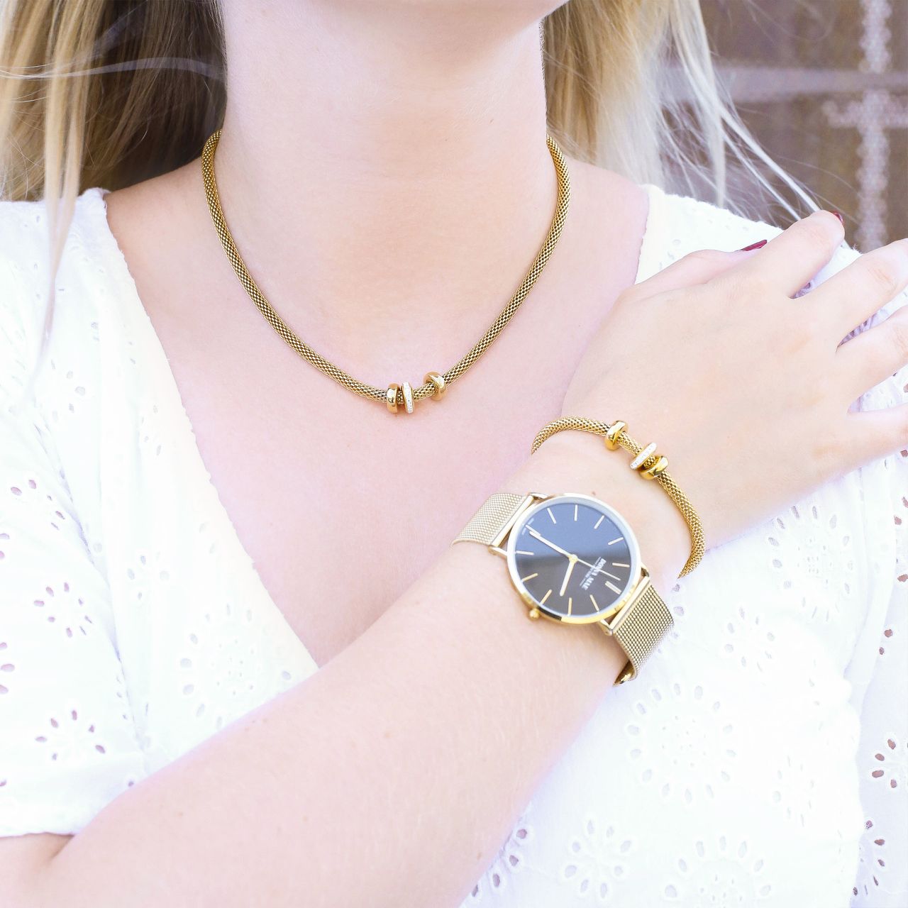 Stainless steel goldplated cadeauset met zwart kristal voor dames