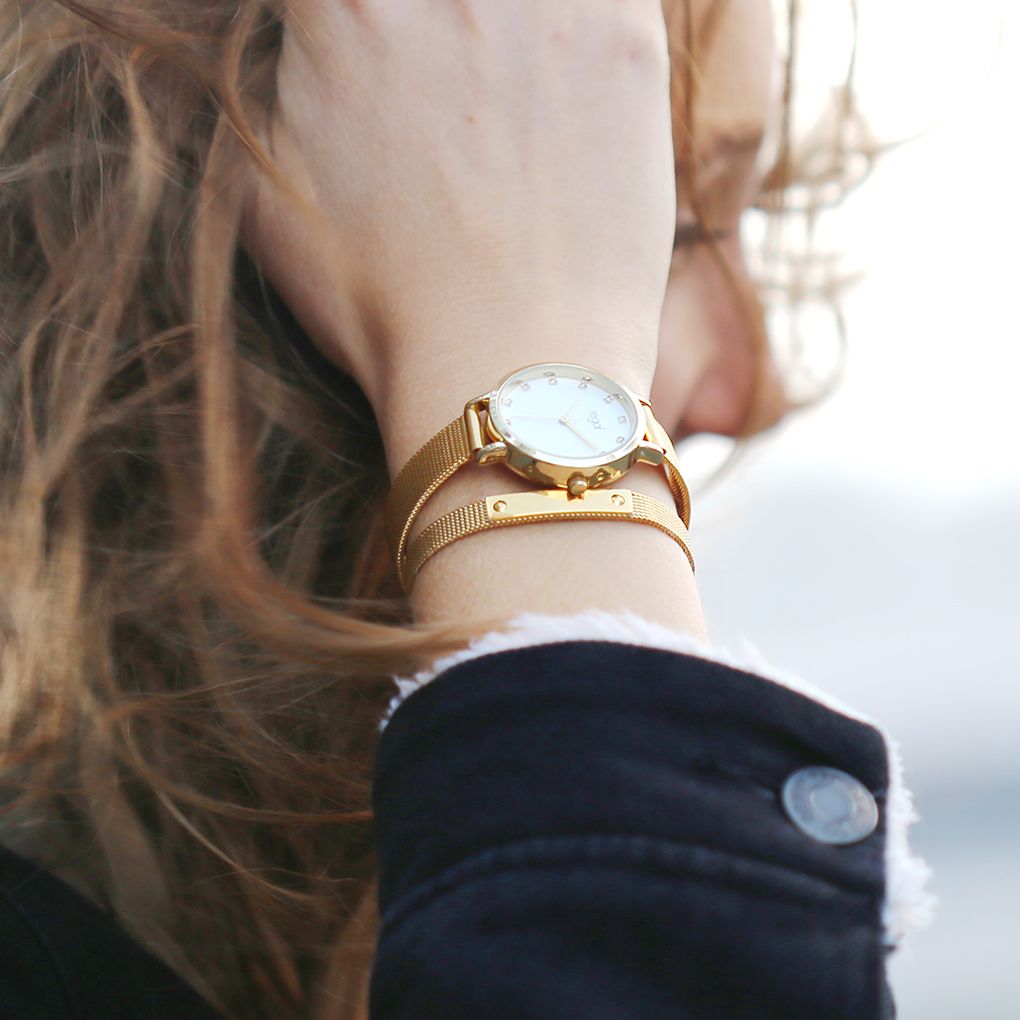 Gerecycleerd stainless steel armband goldplated mesh riem