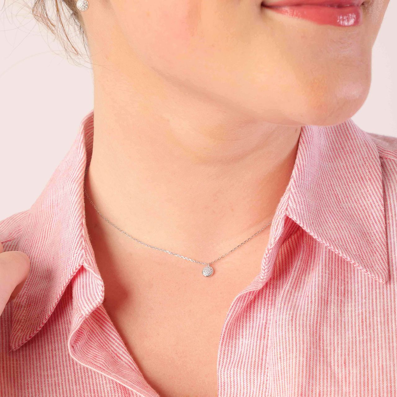 Zilveren ketting&hanger rond met zirkonia