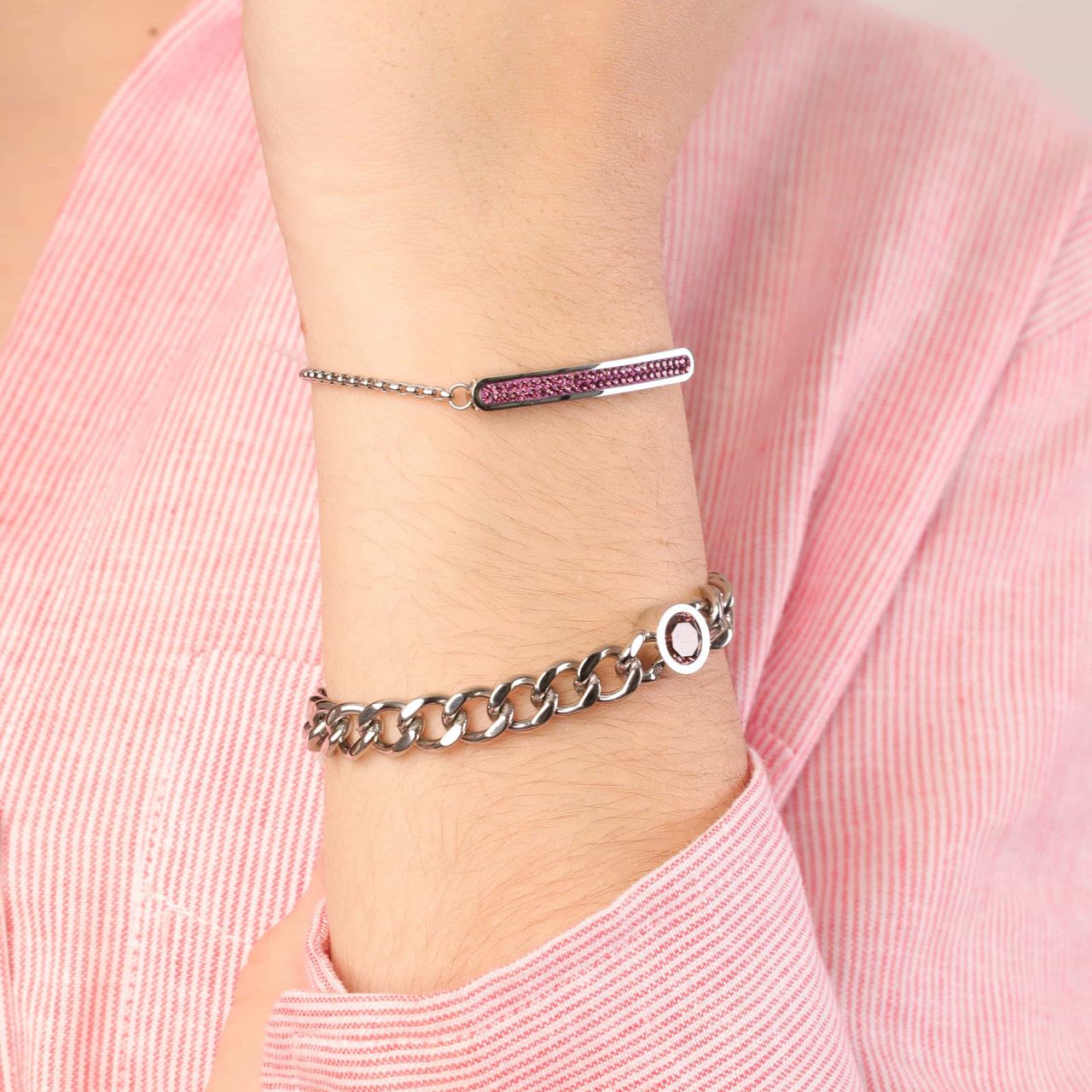 Gerecycleerd stainless steel plaatarmband amethyst kristal