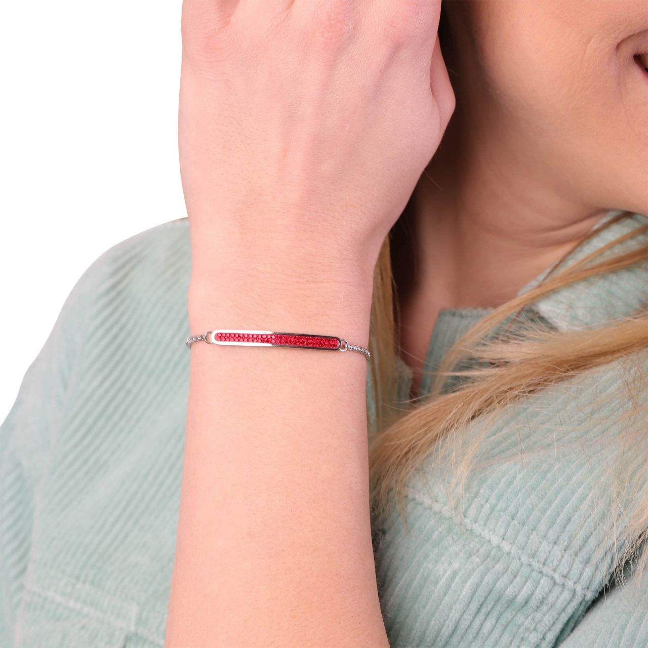 Plattenarmband, Edelstahl, heller, siamfarbener Kristall