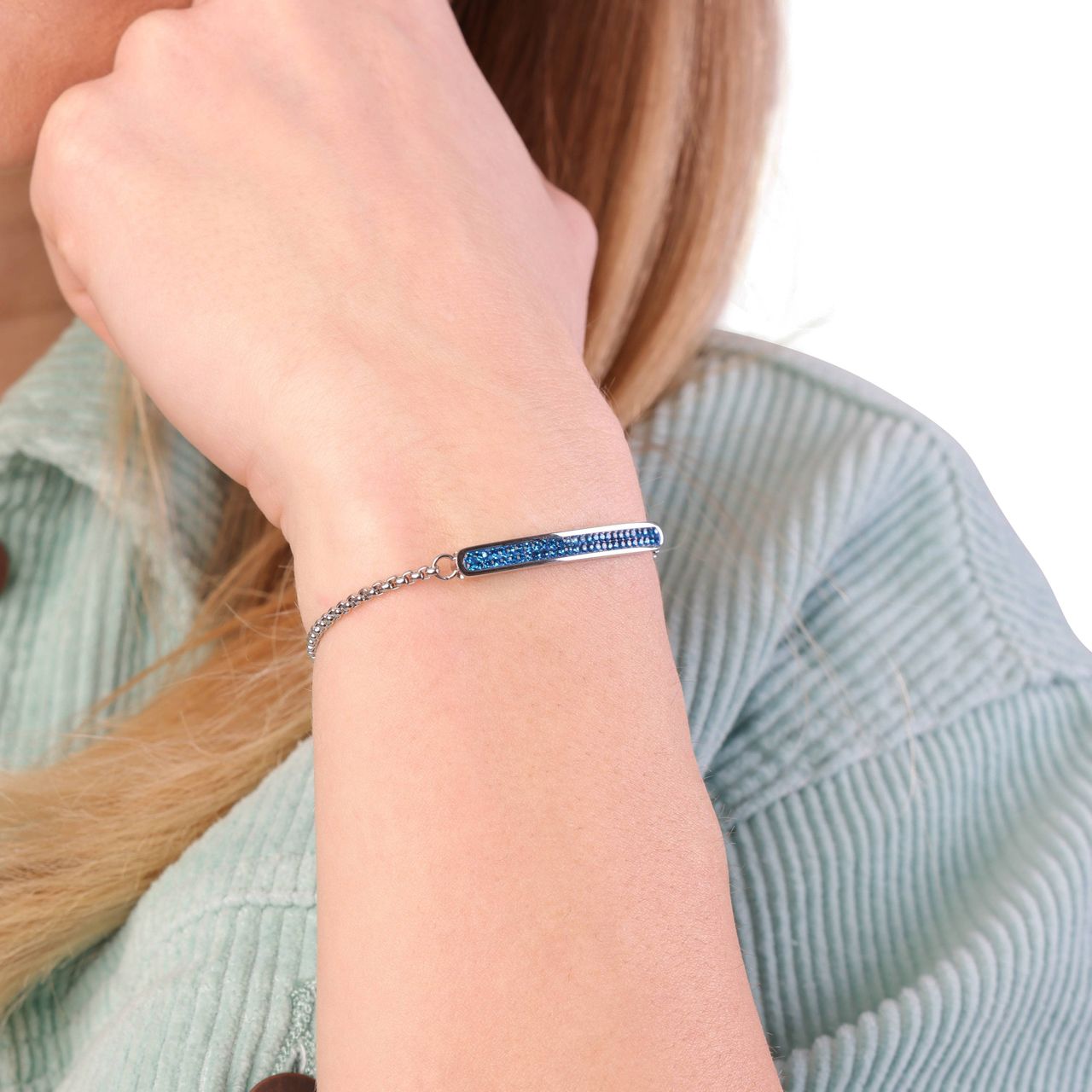 Plattenarmband, Edelstahl, capriblauer Kristall