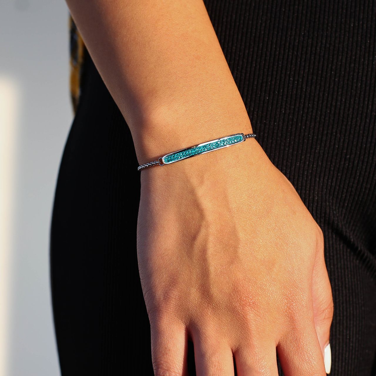 Gerecycleerd stainless steel plaatarmband blue zircon kristal