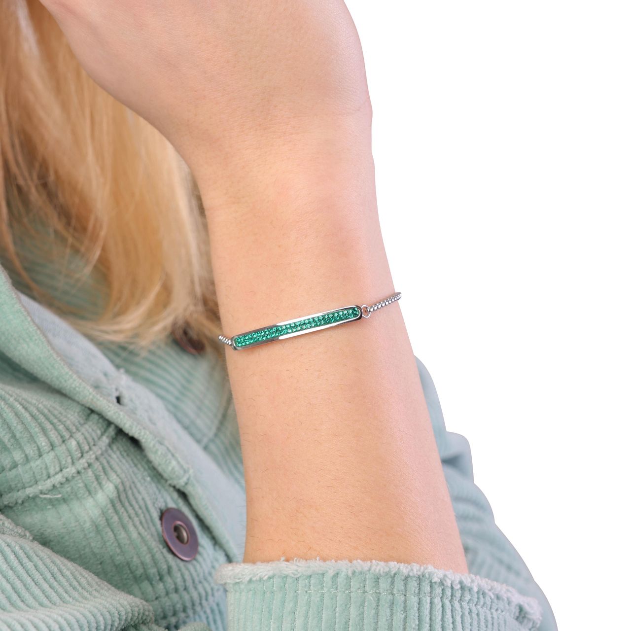 Gerecycleerd stainless steel plaatarmband emerald kristal
