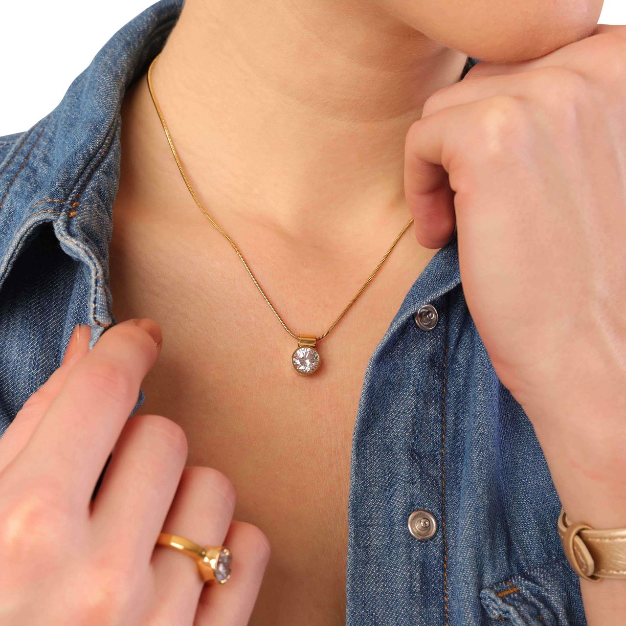 Stalen goldplated ketting met hanger met zirkonia voor dames