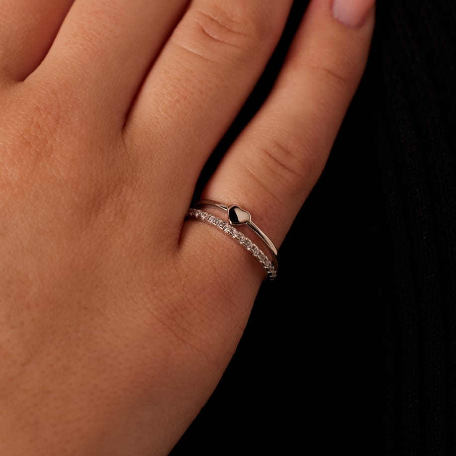 Silberner Kinderring doppelt mit Herz und Zirkonia