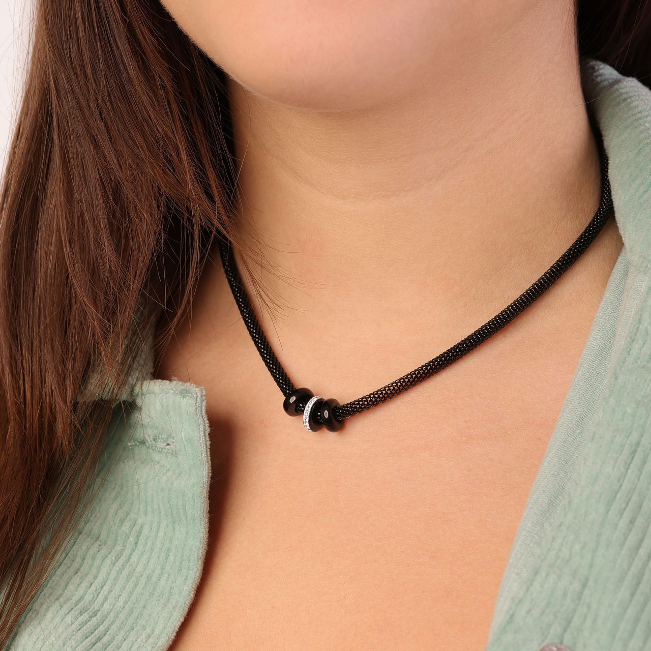 Gerecycleerd stainless steel ketting mesh blackplated met kristal