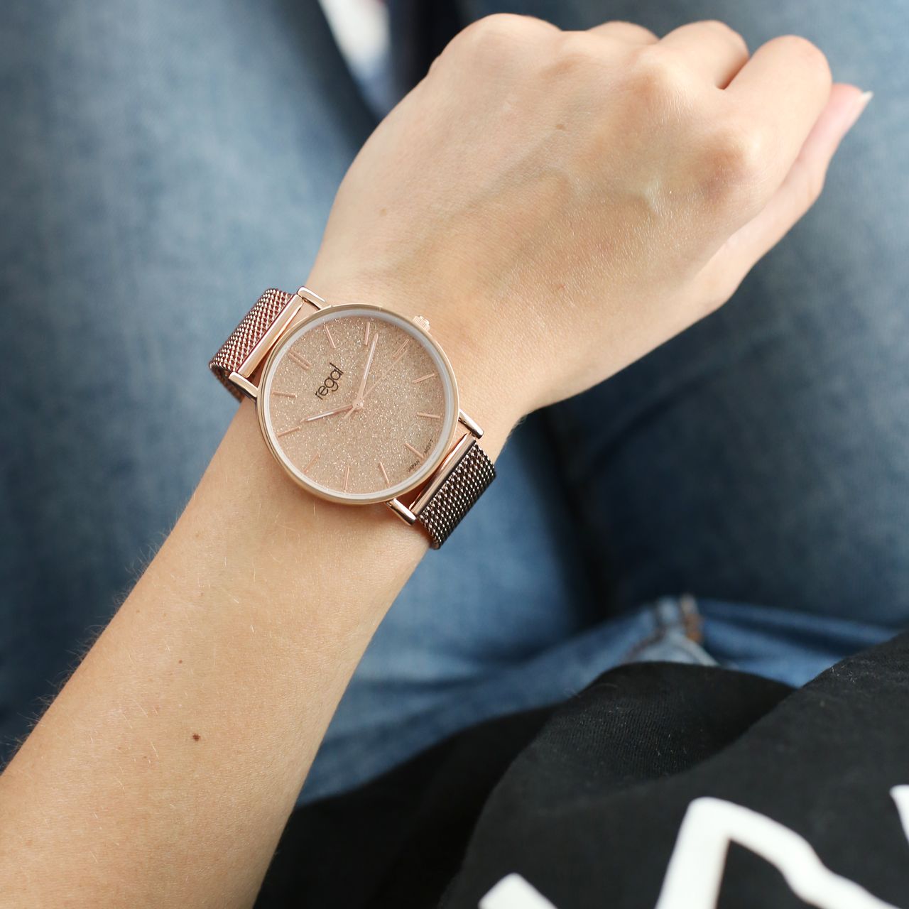 Regal mesh horloge glitter met rosekleurige band